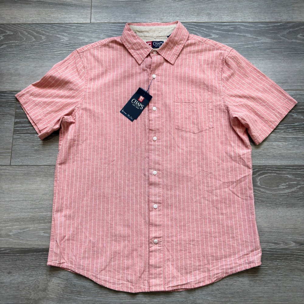 Chaps Cotton Linen Blend Short Sleeve Shirt Mens Large Apricot White Striped NEW